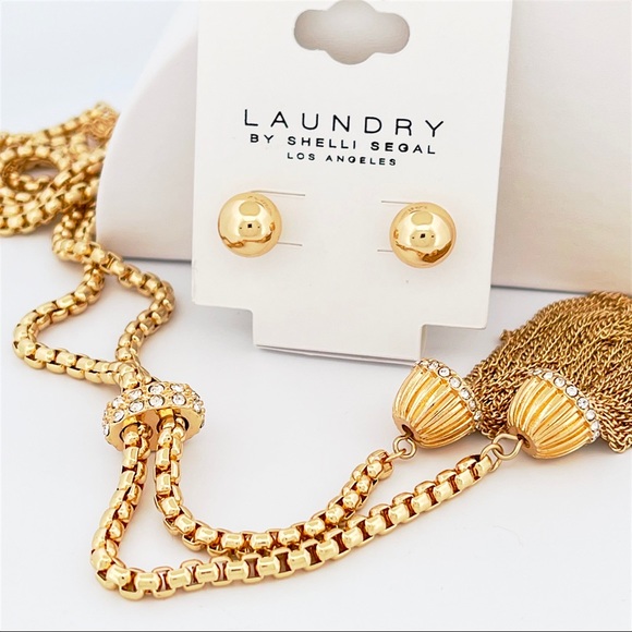 Laundry by Shelli Segal Gold Tassel Lariat Necklace and Earrings Matching Set - Picture 2 of 6